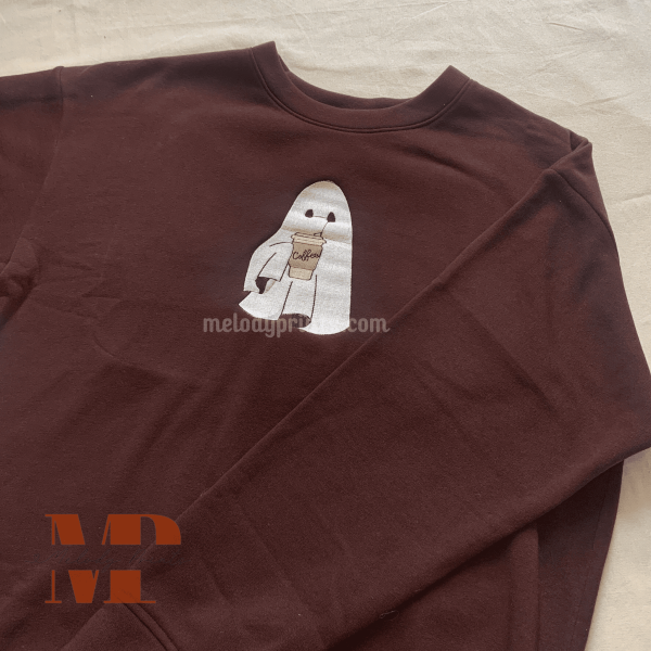 Cute Ghost Drinking Coffee Embroidered Shirt