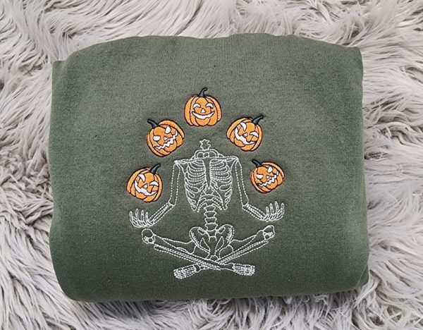 Skeleton Throwing Pumpkin Embroidered Sweatshirt