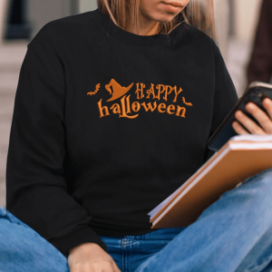 Happy Halloween Embroidered Sweatshirt With Bats