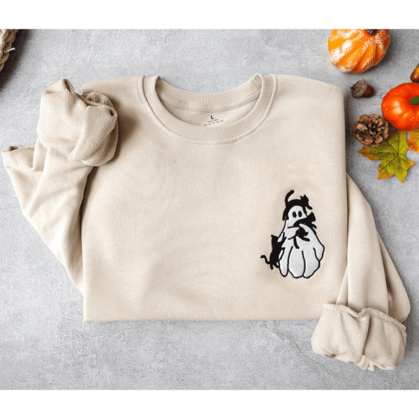 Embroidered Ghost And Black Cat Sweatshirt