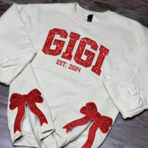 Glitter Gigi Est Claus Embroidered Christmas Bow Sweatshirt