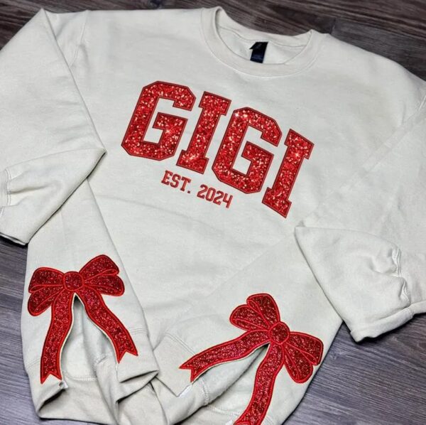 Glitter Gigi Est Claus Embroidered Christmas Bow Sweatshirt