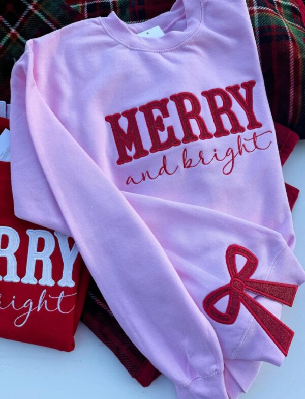 Merry and Bright Embroidered Bow Sweatshirt