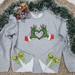 Embroidered Grinch Heart Hand Christmas Side Bow Sweatshirt