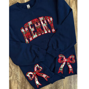 MERRY Christmas Applique Bow Cut-Out Embroidered Sweatshirt