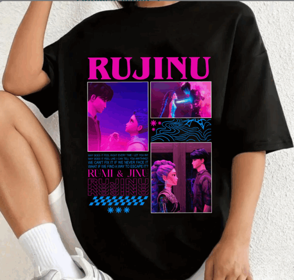 Rujinu KDH T-Shirt, Rumi Jinu Kpop Demon Hunters Fan Shirt, Retro Bootleg Tee, Saja Boys Band Graphic Tee